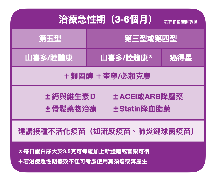 紅斑性狼床腎炎治療急性期（induction phase）藥物整理-2020年-許伯爵醫師製圖